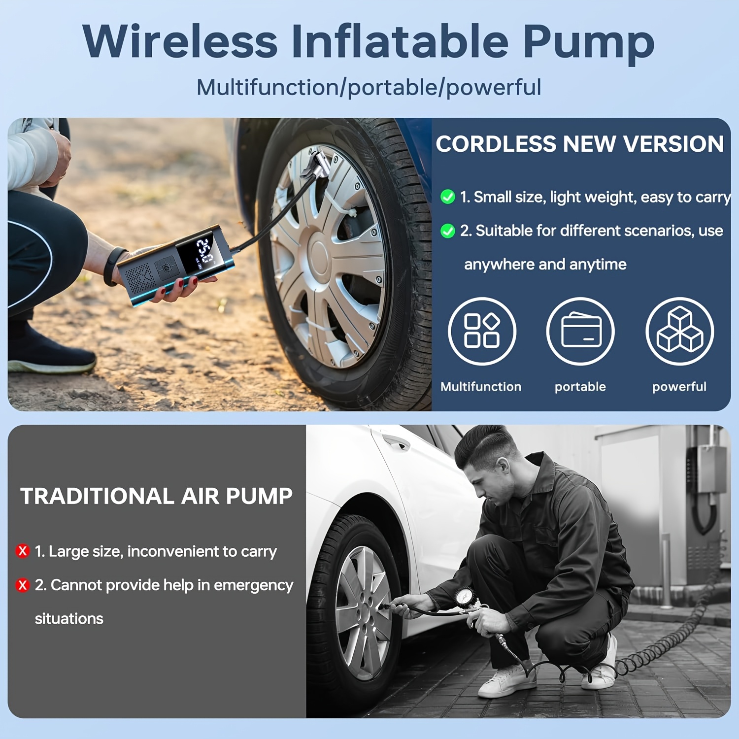 Portable Tire Inflator Air Compressor 150 PSI with Pressure Gauge, LED, Cordless Pump for Cars, Motorcycles, Bicycles, and Balls, Black or Y