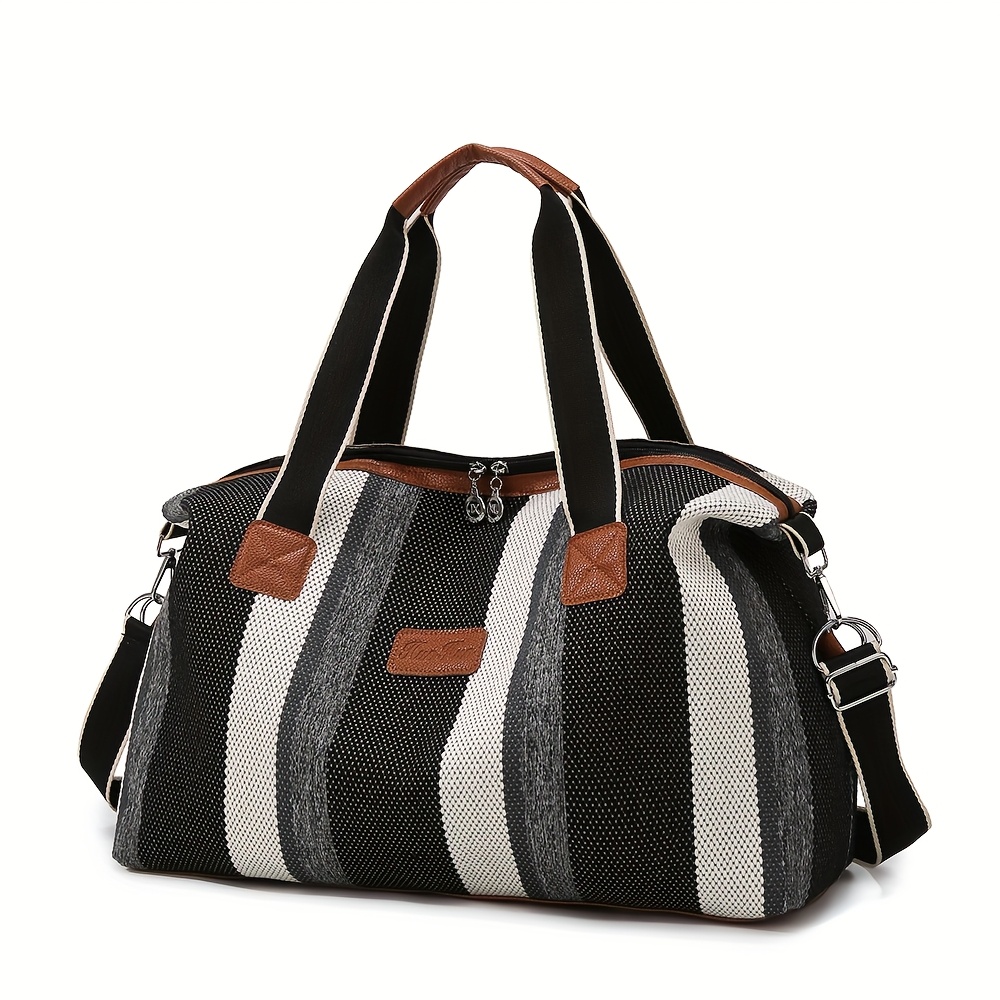 TEMU Striped Retro Short- Outing Travel Bag Women's Lightweight Hand Carry Luggage Large Capacity Travel Bag Travel Bag