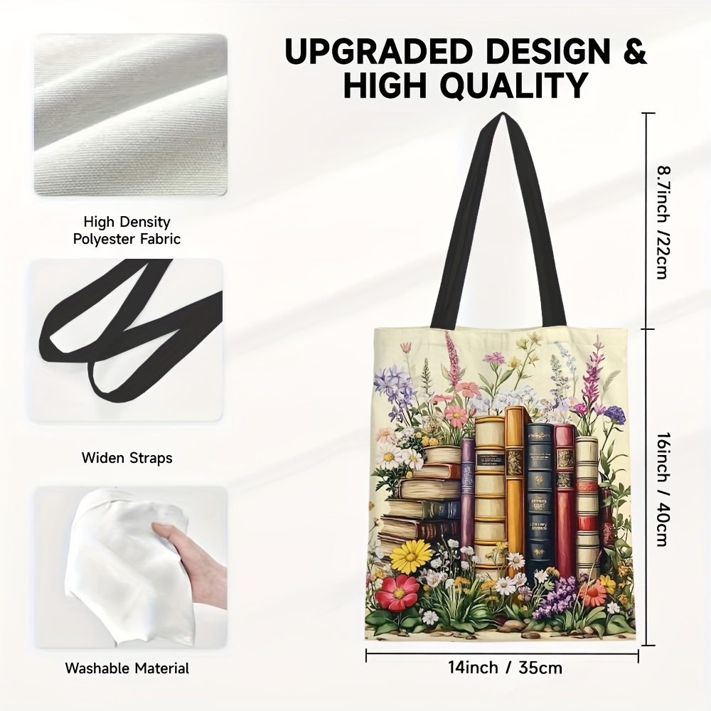 TEMU Floral & Books Canvas Tote Bag | Durable Polyester | Lightweight, Spacious Shoulder Bag With Sturdy Handles | Multi-occasion Gift For Easter,