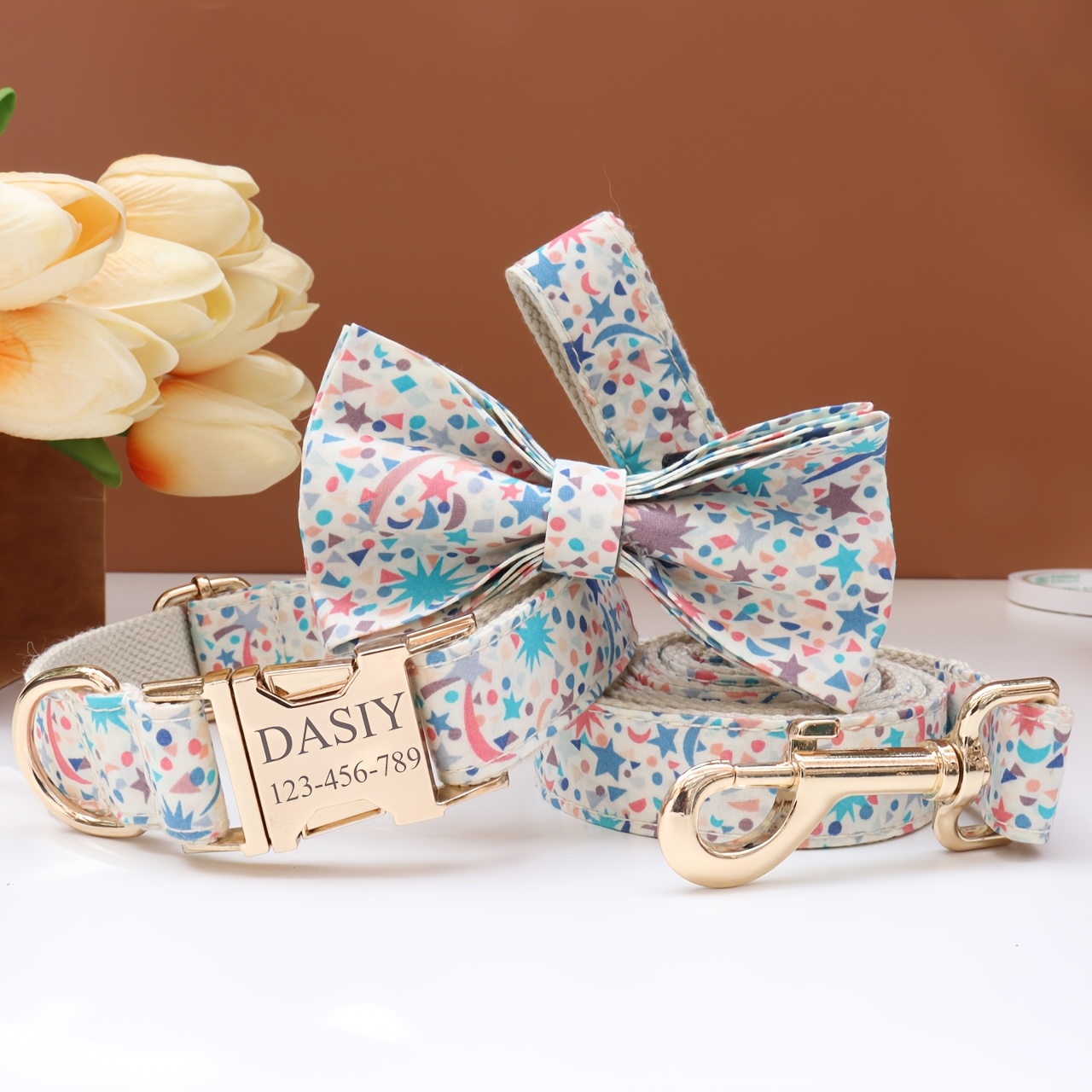Custom Pastel Dog Collar and Leash Set with Bow