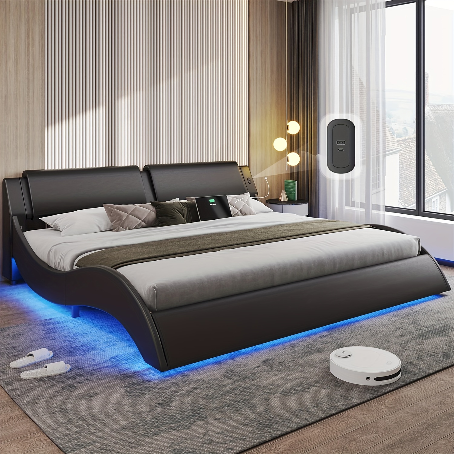 

Modern Led Bed Frame With Charging Station, Curved Platform Bed With Pu Leather Headboard, California King