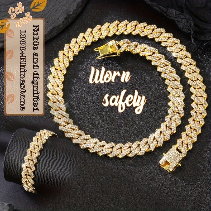 2pcs set necklace bracelet luxury set domineering y2k   cuban   link chain necklace hip hop miami necklace rapper necklace jewelry   encryption style details 8