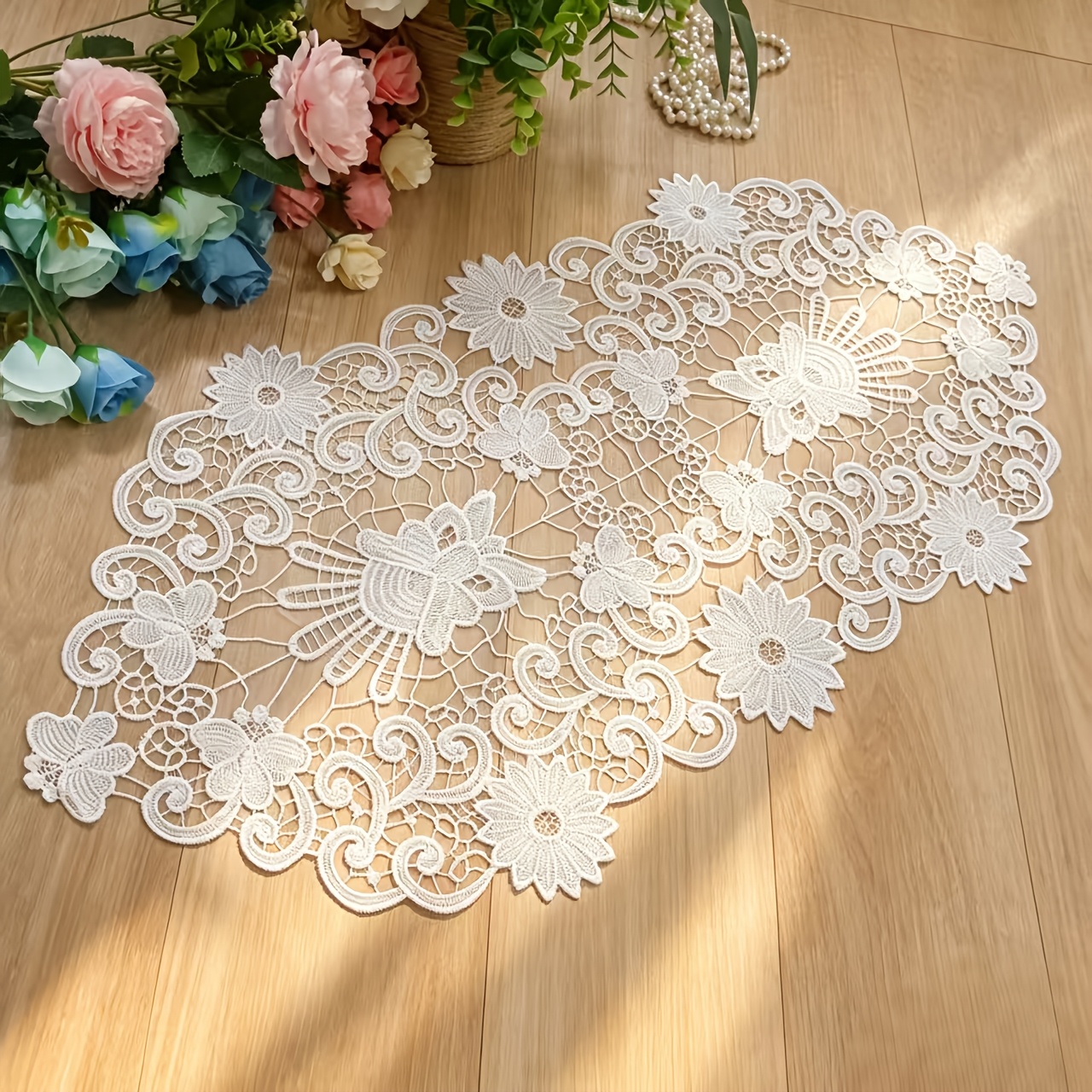 TEMU Elegant Country Lace Oval Table Mat, Decorated With Floral , Suitable For Dining Tables/vanity Tables/coffee Tables, Wedding Tabletop Accessory,