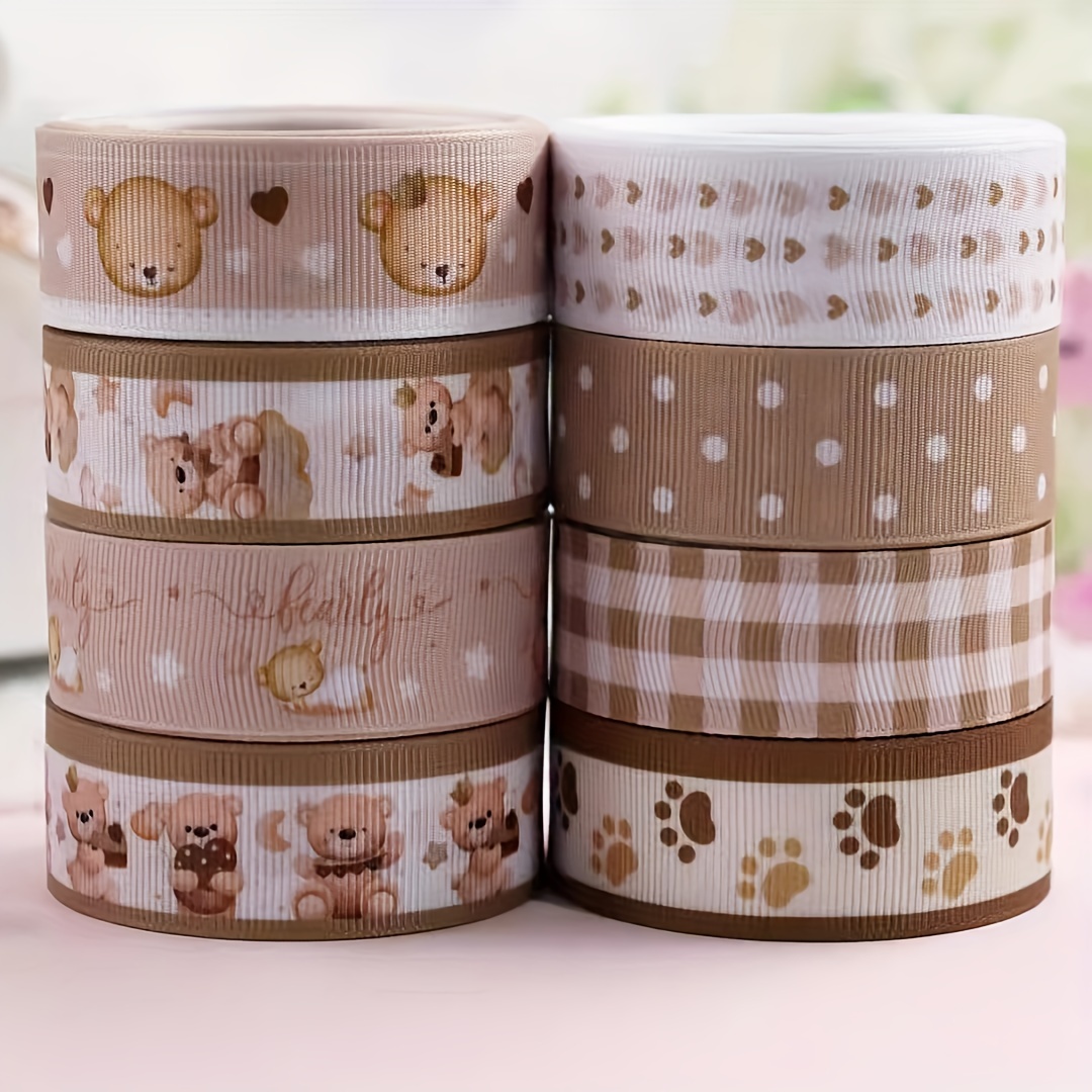 

5 Yards 22mm Teddy Bear Printed Grosgrain Ribbon Set - Assorted Designs For Party Decorations, Diy Hair Bows, Gift Wrapping - Light & Dark Brown Palette