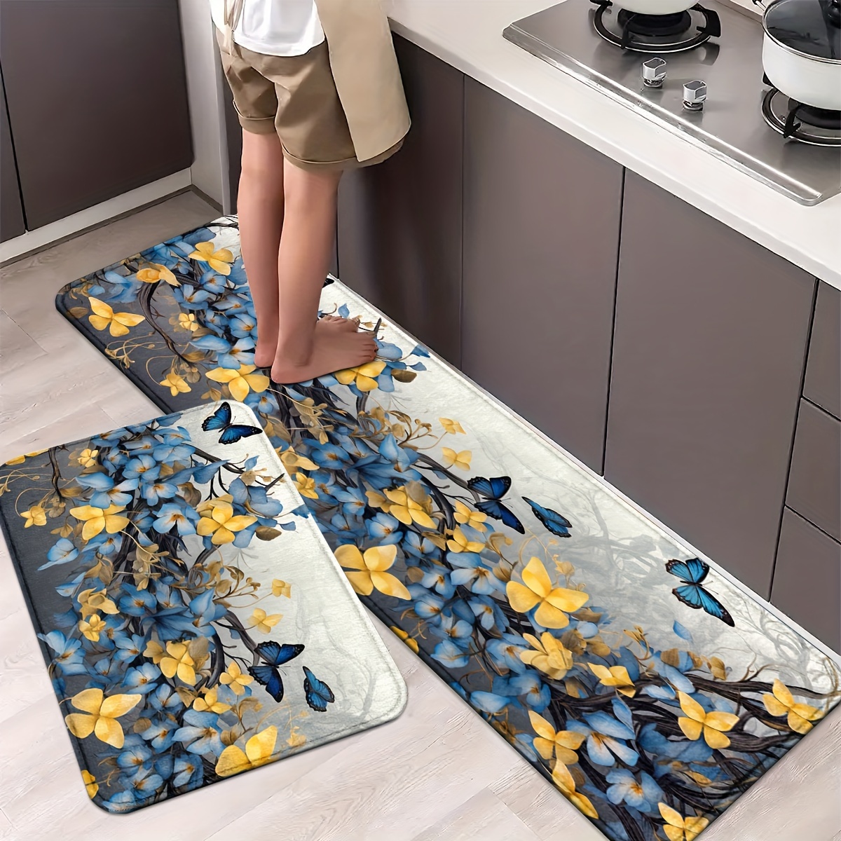 

1/2pcs, Butterfly Kitchen Mats, Non-slip And Durable Bathroom Pads, Comfortable Standing Runner Rugs, Carpets For Kitchen, Home, Office, Sink, Laundry Room, Bathroom, Spring Decor