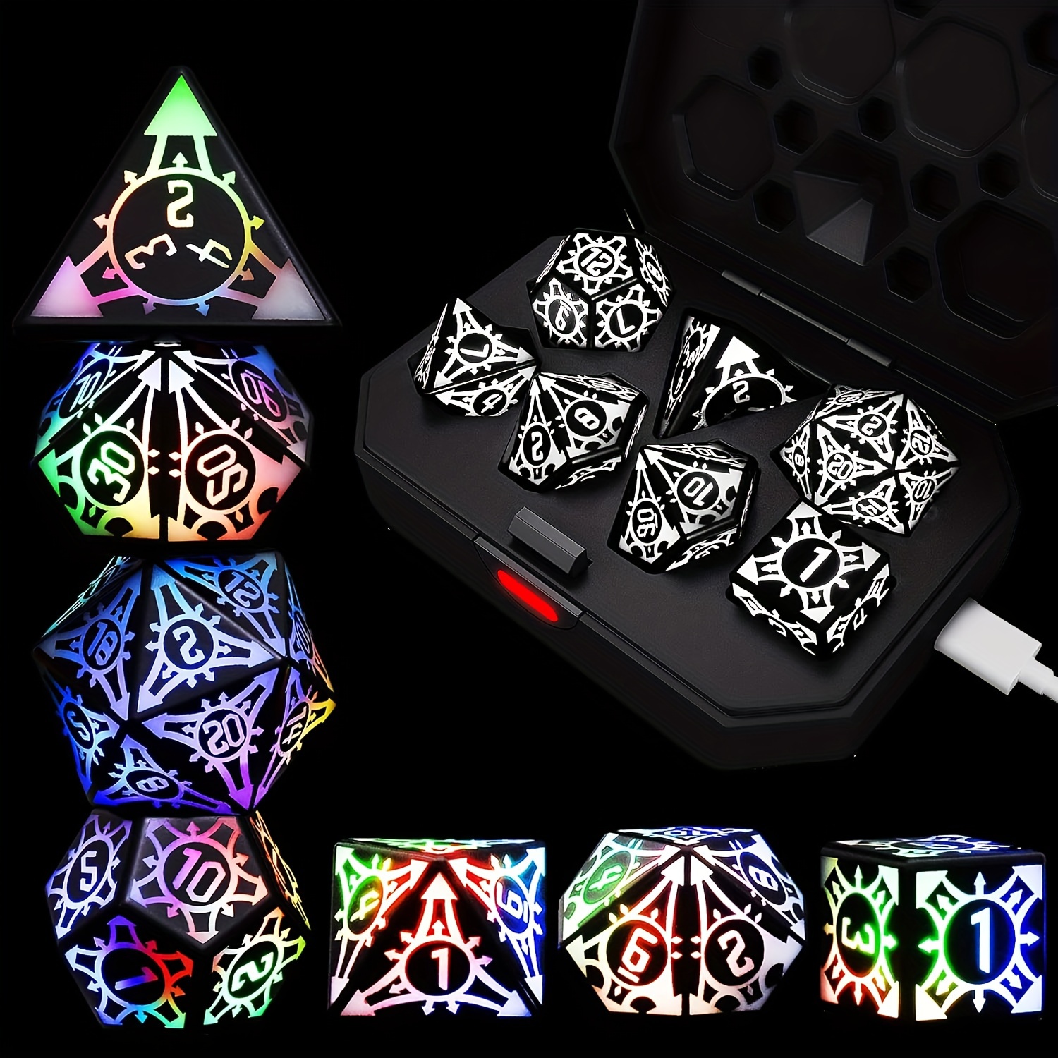 CooAoo Light Up DND Dice Set, Wireless Rechargeable Glowing Dice With Charging Box, 7 PCS Electronic Dice Set, LED RGB Polyhedral Role