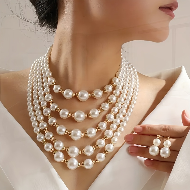 TEMU 1 Set Elegant Multilayered Pearl Beaded Necklace And Earrings Golden Plated Luxurious Fashion Jewelry For For Gifting And Banquets Versatile For