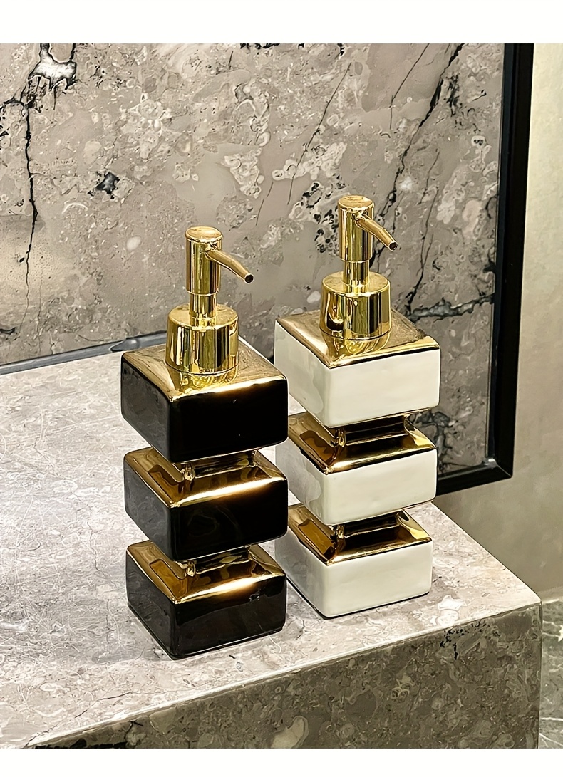 Bathroom Organization And Storage Supplies, Creative Unique Ceramic Mirror Black And White Soap Dispenser, Hotel Washstand Liquid Dispensing Bottle, Pump-Type Empty Bottle, Reusable Shampoo, Shower Gel, Square Tower Lotion Bottle