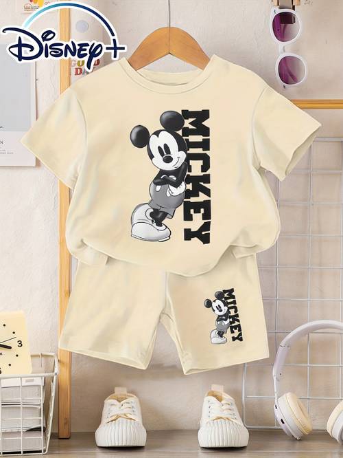 imagen del artículo conjunto de 2 piezas de para niños, casual y , de punto con estampado de dibujos animados del ratón , de manga corta y pantalón corto, regular, para deportes y uso casual en y verano, ropa infantil para niños y niñas,
