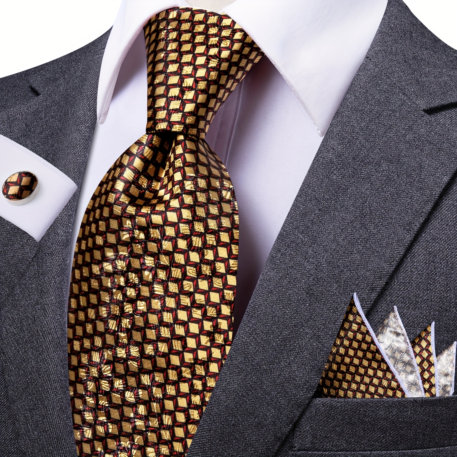 Mens Classic Fashion Tie | Brown Geometric Ties And Handkerchief Square Set | Woven, Business Event Wedding Party Essential For Festivals