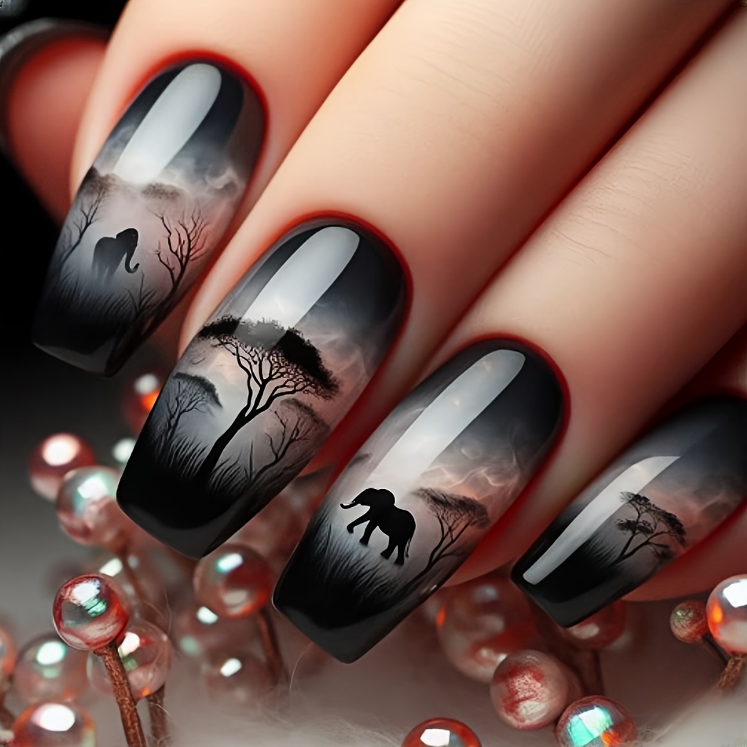 24pcs Black Prairie Forest Elephant Press-on Nails - Glossy Abs Nail Art With Black & Design, Easy Application For Women & S, Machine-, , Medium Length, Includes Nail File & Stick