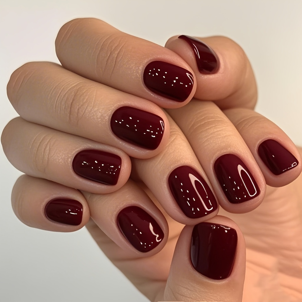 Press On Nails - Burgundy | Opaque Bright Wine Red Short Square Fake Nails, Reusable | 12 Sizes - 24 Nail Set
