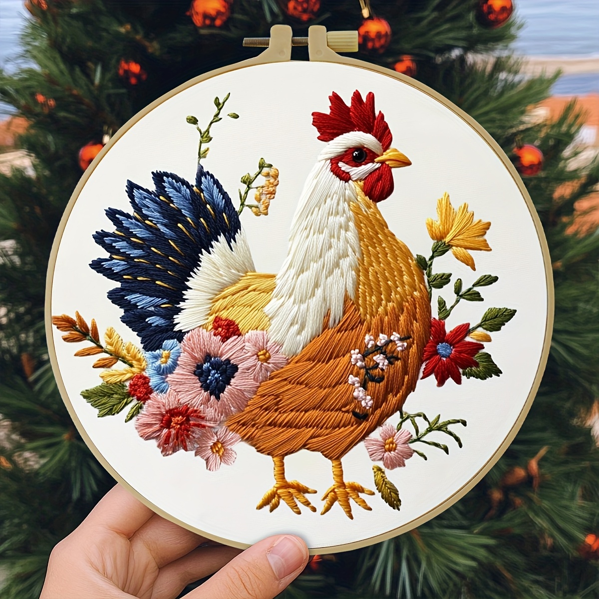 TEMU Kit de broderie main DIY coq complet 1 pièce avec tissu pré-imprimé, instructions, cadre de broderie, aiguille et fil. Kit de broderie toutes