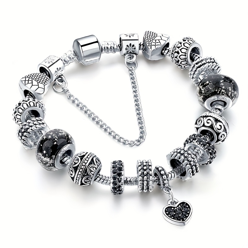 TEMU 1pc Silvery Color Elegant Bohemian Style Black Glass Bead Bracelet With Heart Pendant | Alloy, Plated K, Suitable For Daily Wear And Festival