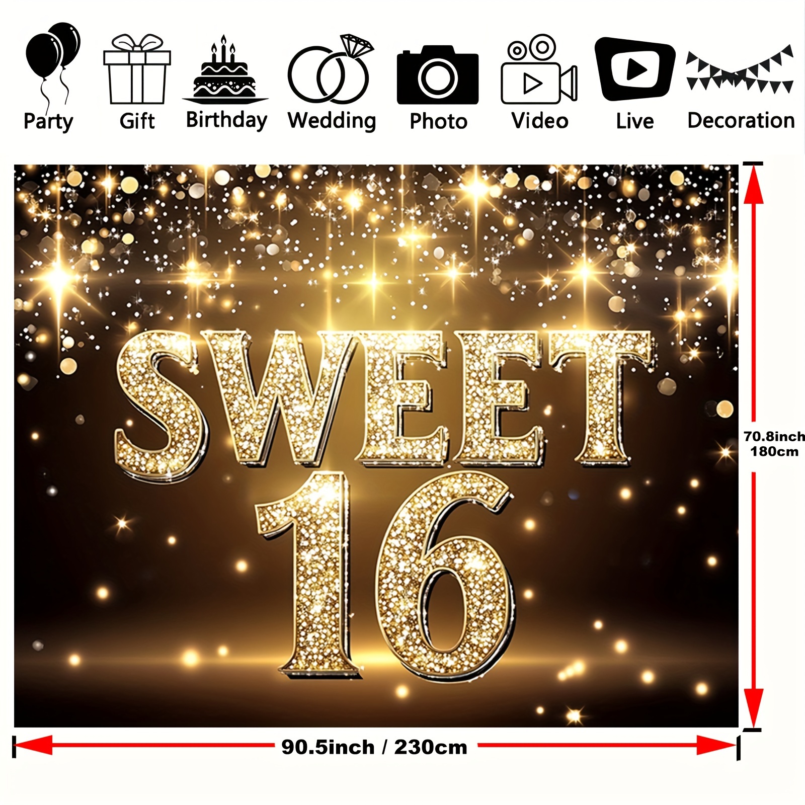 TEMU Sweet 16 Birthday Banner Backdrop - Polyester Party Decoration For Sixteenth Birthday, Versatile Photo Booth Background, Shimmering Golden Theme