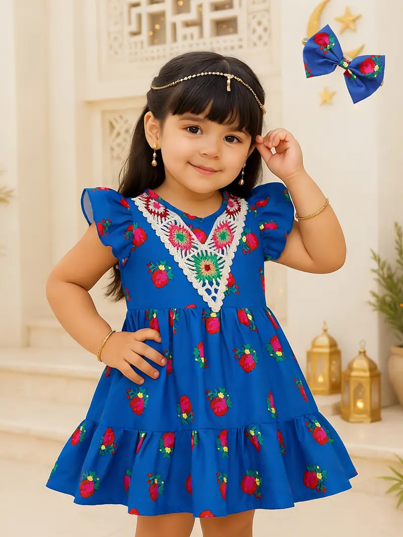 Two-Piece Navy Blue Ethnic * Girl Dress Set, Including Bow Headband, Suitable for Infants Aged 6 Months to 3 Years, for Ramadan And Eid Part Two-Piece Navy Blue Ethnic * Girl Dress Set, Including Bow Headband, Suitable for Infants Aged 6 Months to 3 Years, for Ramadan And Eid Part