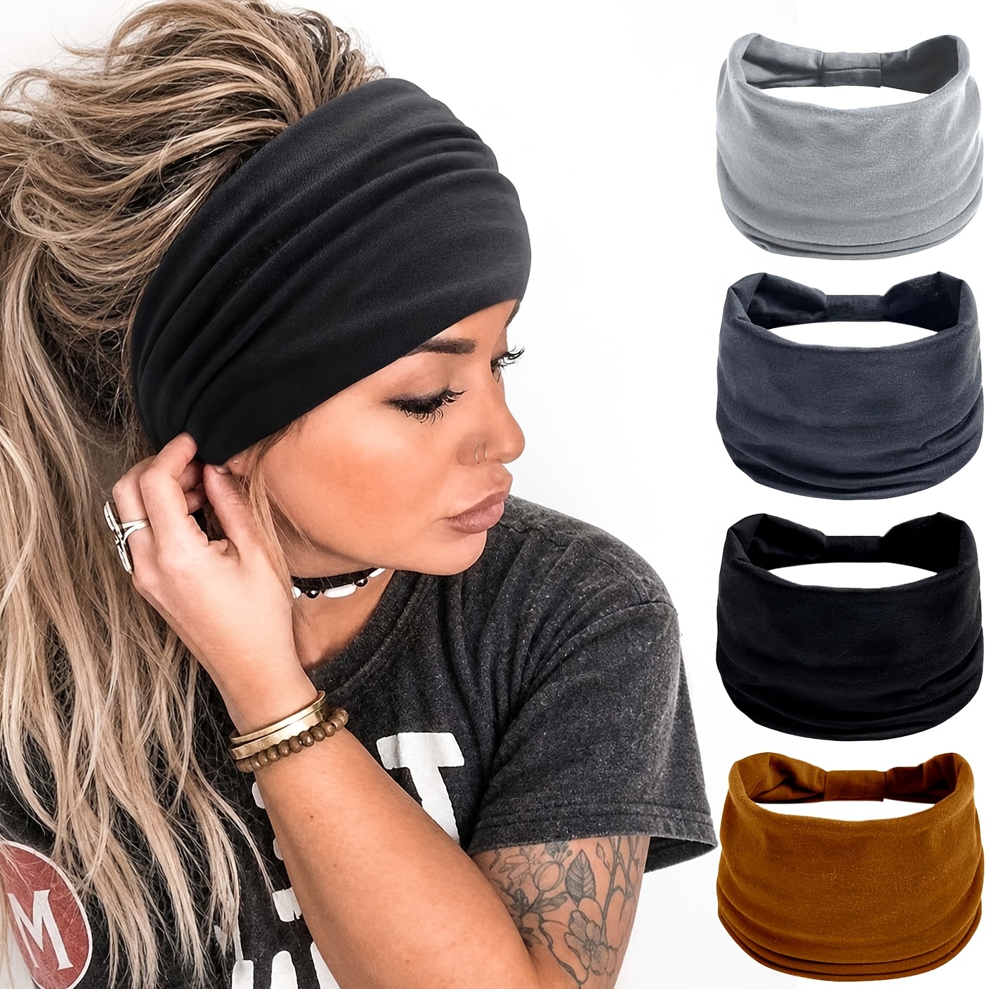 Womens Black Fashionable Wide Headband, Bohemian Thick Hairband, Large African Headscarf Hair Accessory