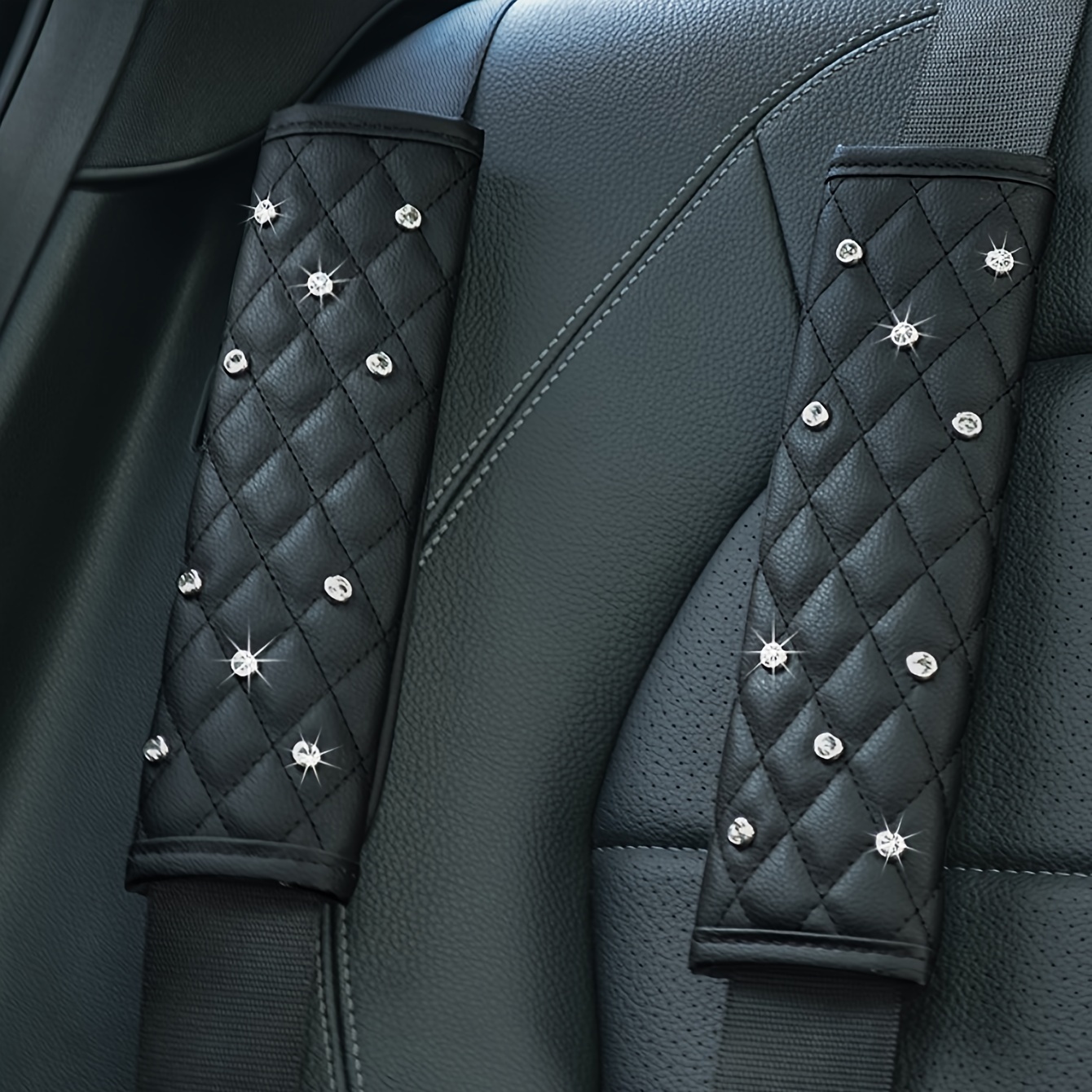 

2pcs Sparkling Rhinestone Faux Leather Car Seat Belt Shoulder Pads - Comfortable & Stylish For All , Fit