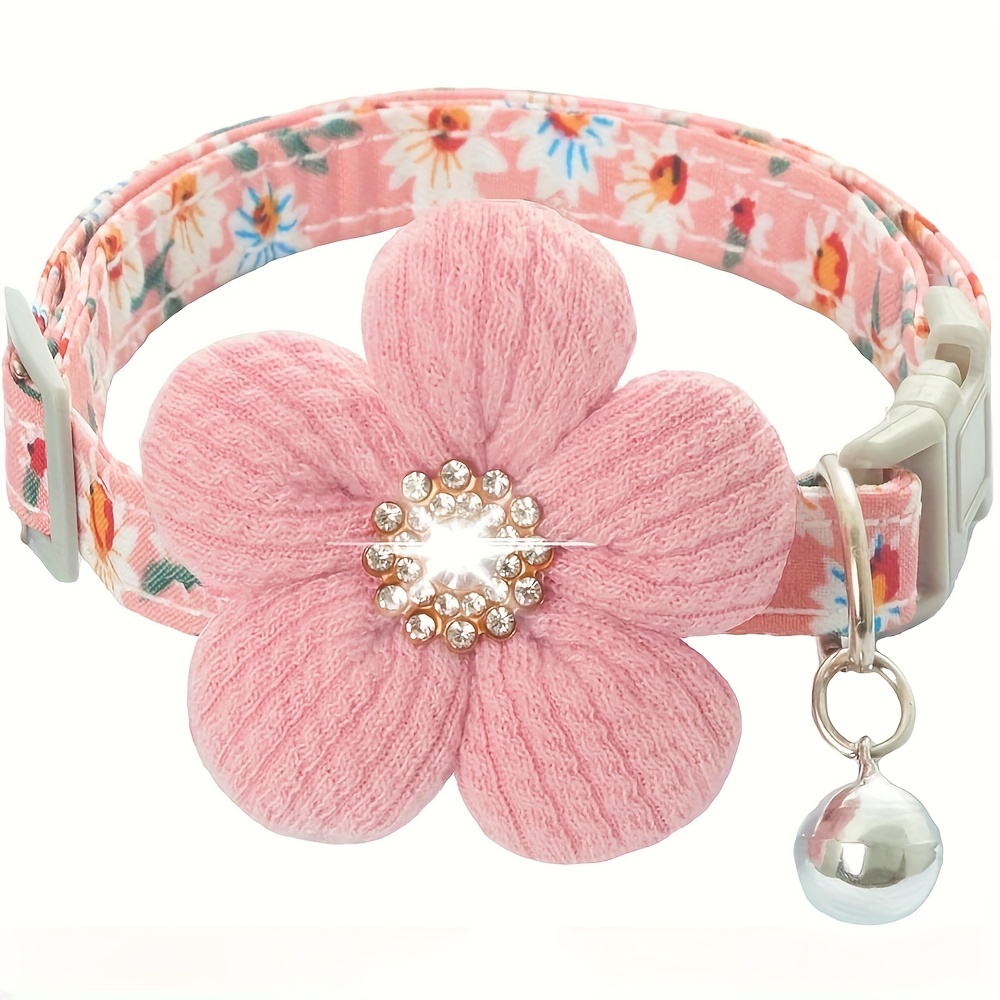 Floral Dog Collar With 3d Flower Charm And Detachable Bells - Suitable For Small Dogs And Cats, Soft Adjustable Polyester Pet Collar With Pink-white Floral Pattern, Accessory