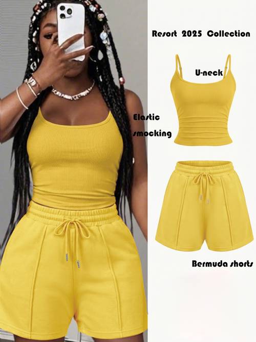 item picture womens new casual camisole knit elastic vest and striped textured shorts 2pcs set