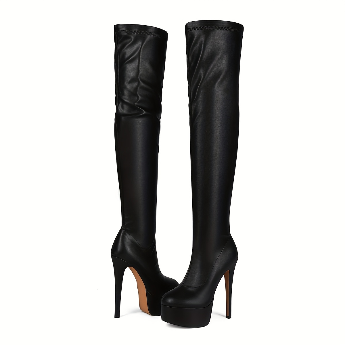 Image of Women's Black Cover Over-the-knee Boots With Thick High Quality Platform And Super High Heels, Pointed Toe Zipper Closure, Stylish Long Boots For Casual Attire, High Heel Boots