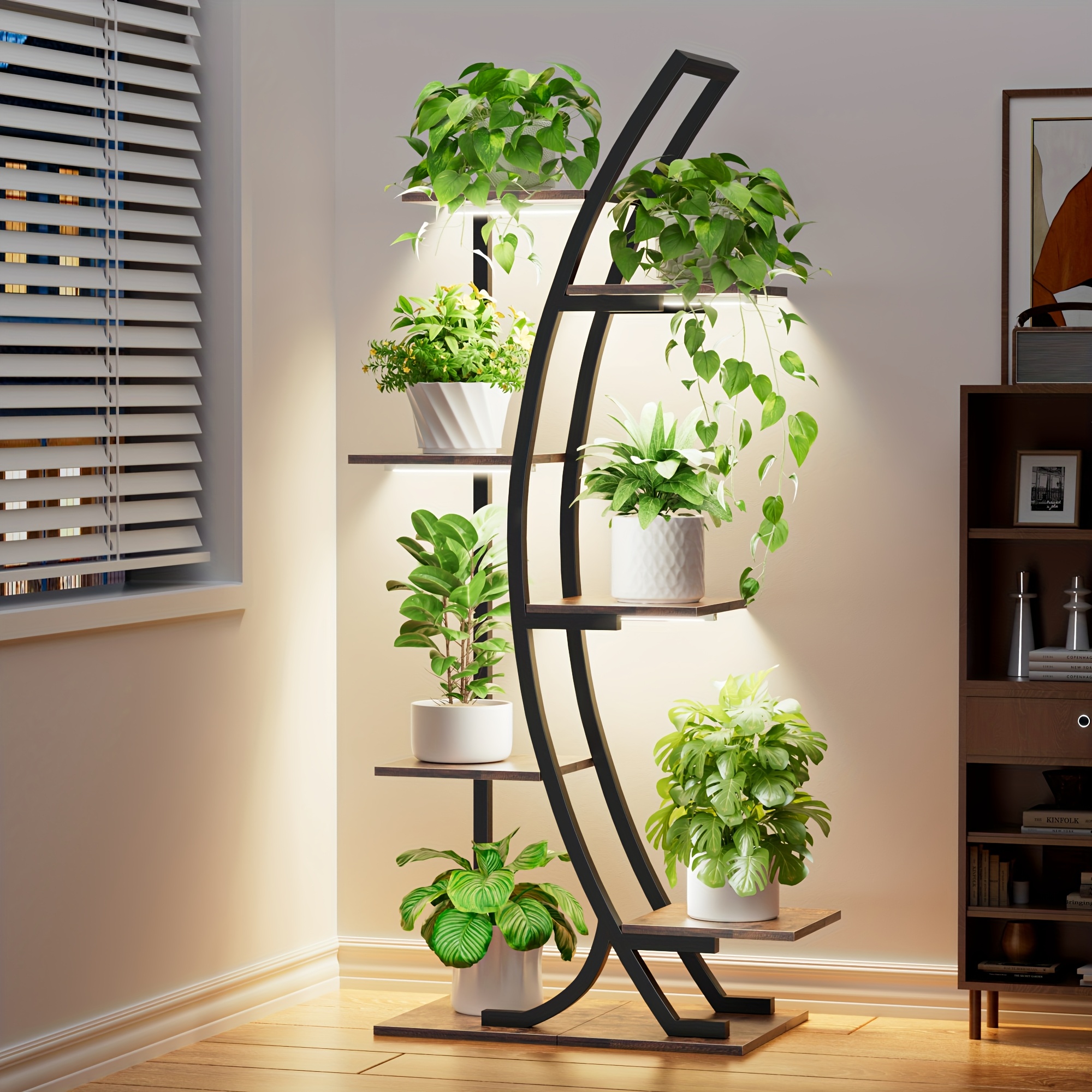 1pc plant stand indoor   lights, curved shape multi-functional metal display stand for plants books frames ornaments, 119.4cm high & 7 tiered for living room, study room, balcony, corner and  .   decor,   for gift 0