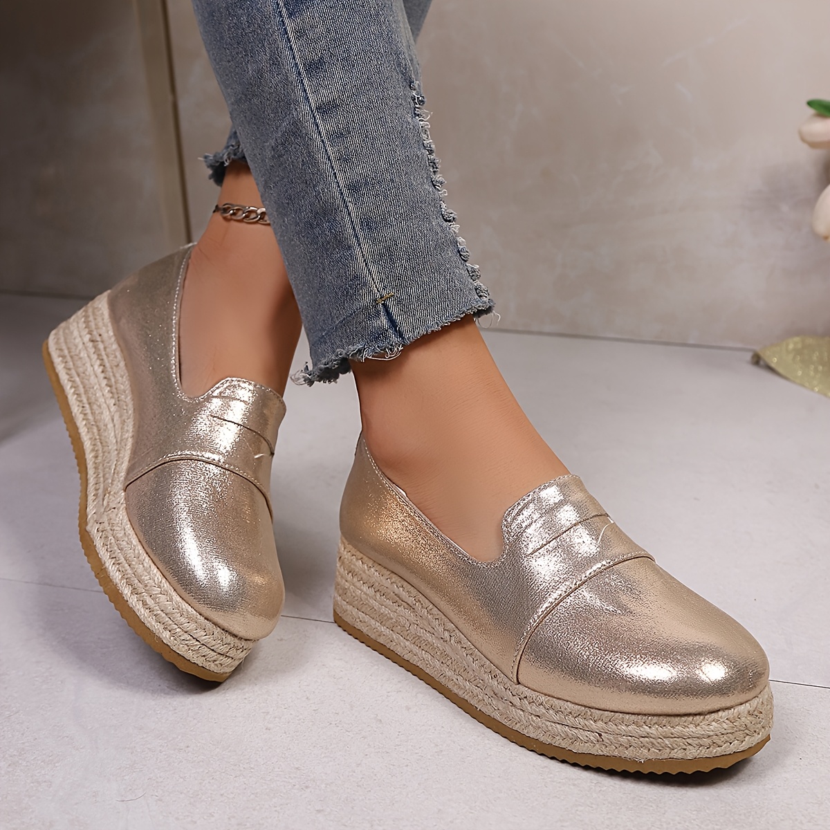 Women's Fashion Golden Glossy Wedge Loafers, Lightweight Comfortable  Vacation Shoes, Suitable for Beach Vacation, Cocktail Party, Women Shoes