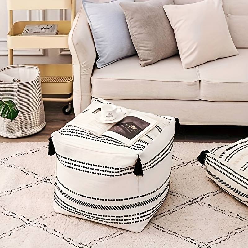 1pc Black And White Boho Ottoman Square Footstool Pouf Cover Unstuffed Tufted Woven Seat With Tassels No Core Include 0