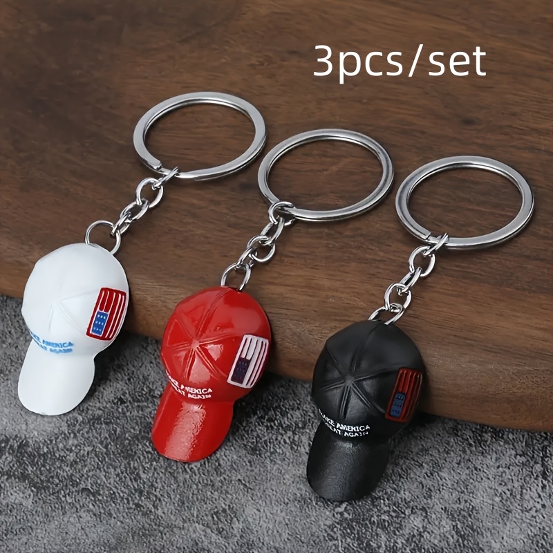 

3-pack Zinc Alloy Baseball Cap Keychains, With Patriotic Usa Flag, Cool Hip-hop Metal Key Ring Accessories For Men