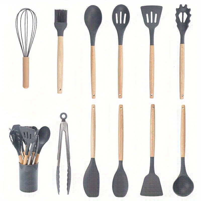 TEMU 12pcs Wooden Handle Silicone Kitchenware 12pcs Cooking Spoon Set Kitchen Cooking Tools