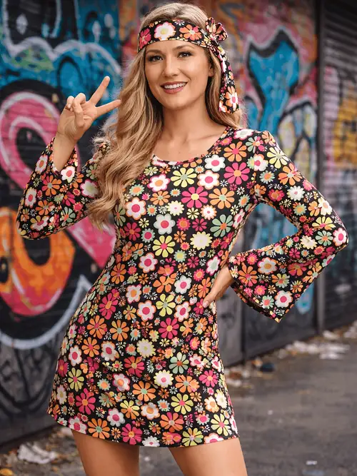Spring Floral Print Retro, Hippie Dress+headband, Suitable for * Parties, Stage Performances, Holiday Outfits, Stretch Fabric * Spring Floral Print Retro, Hippie Dress+headband, Suitable for * Parties, Stage Performances, Holiday Outfits, Stretch Fabric *