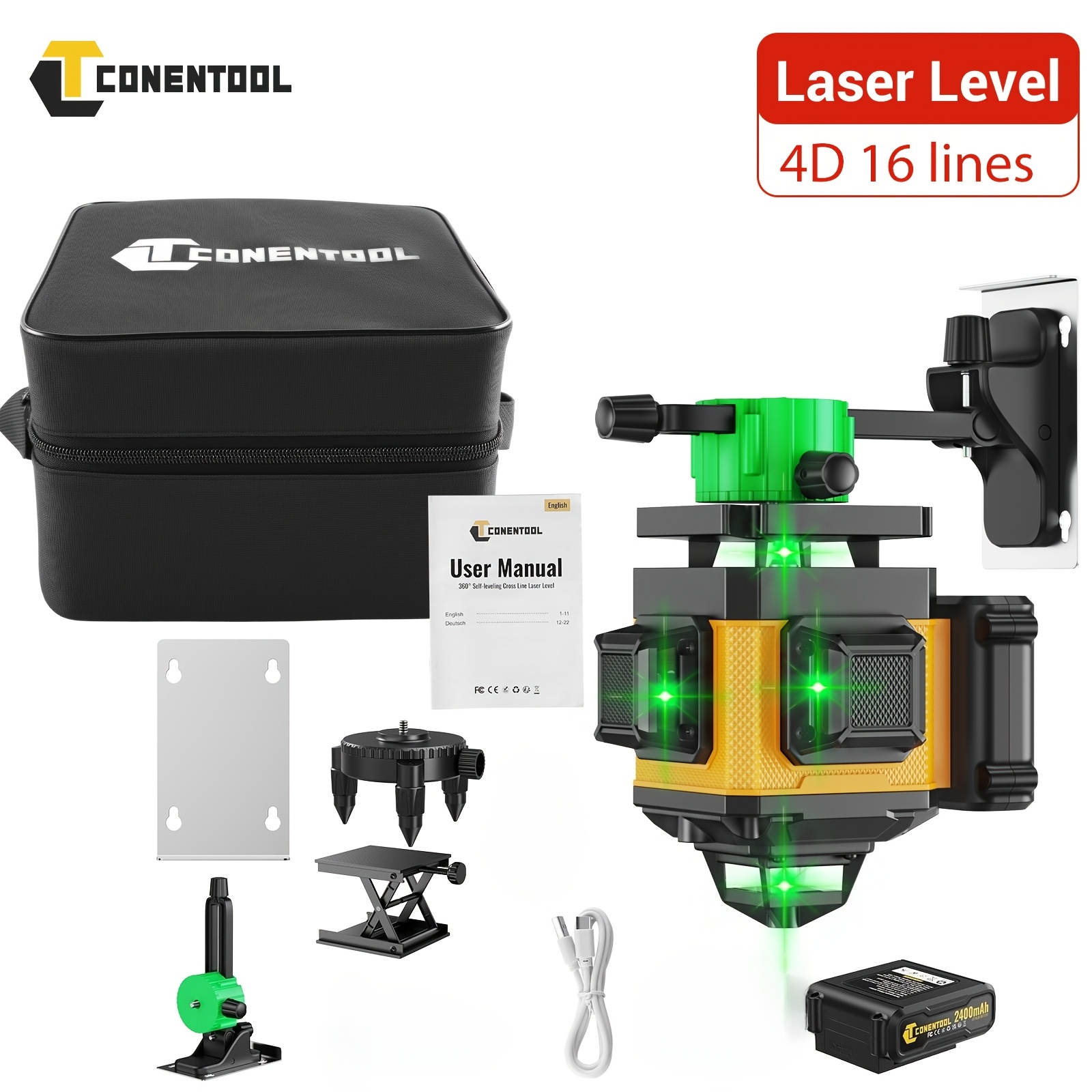 Image of -line Laser Level With 360° Automatic Leveling, 4x360° Green Laser Level, Suitable For Construction And Hanging Pictures, 4d Laser Level, With 2 Rechargeable Batteries