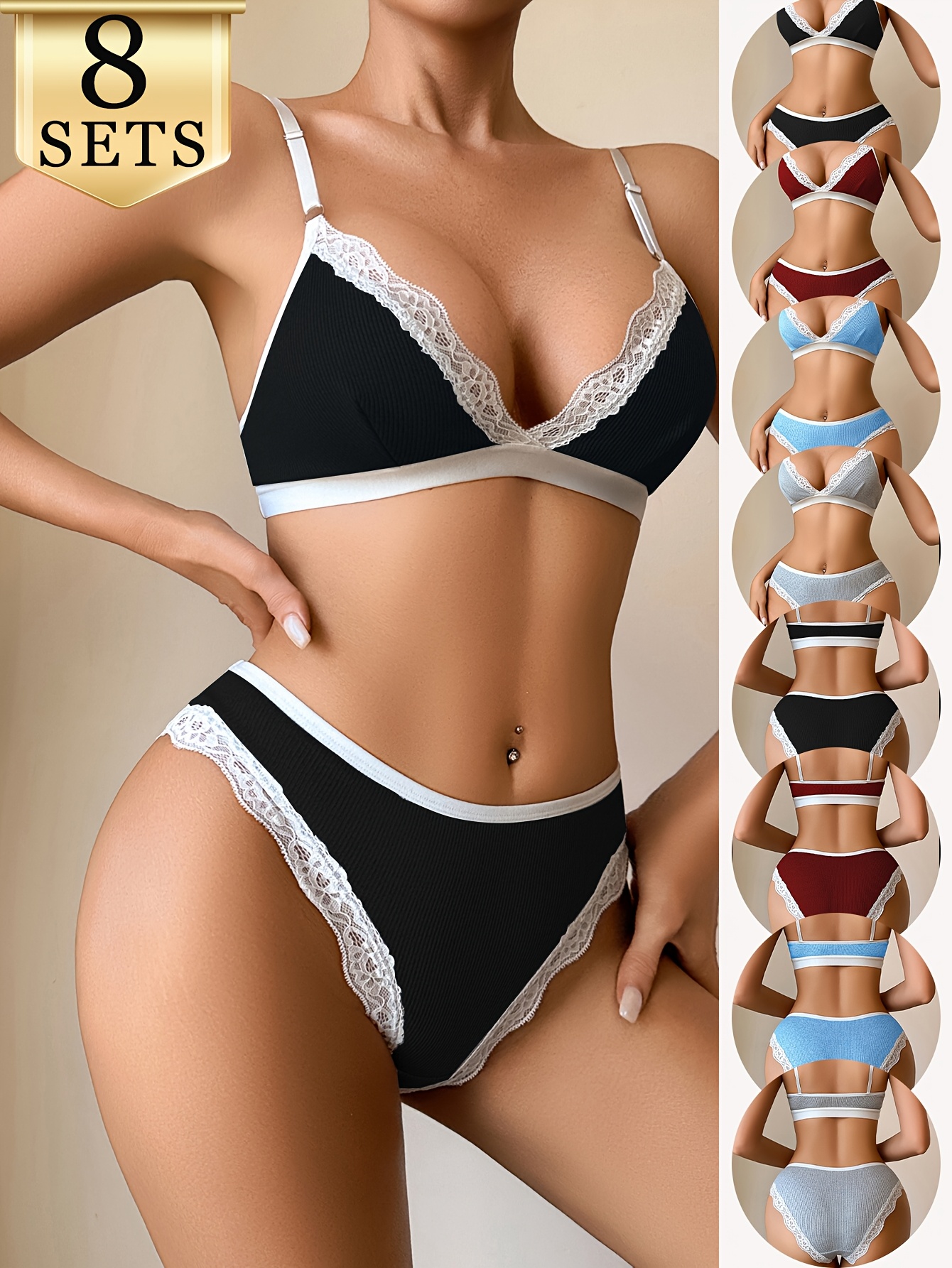 16-delige Sexy Deep-V Elegante Kanten Dames BH Set Verstelbare Bandjes, Zacht en Comfortabel, Ademend Lichtgewicht Materiaal BH en Slips in Effen Kleuren, Huidvriendelijk en Nauwsluitend Perfect voor Casual Dagelijks Gebruik