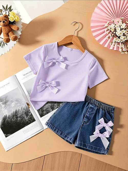 2 pcs girls denim 2pcs set bow cute girls y2k jeans bow t shirt snowflake washed denim loose fit elastic waistband soft and comfortable denim suitable for summer school festivals and casual ideal gift