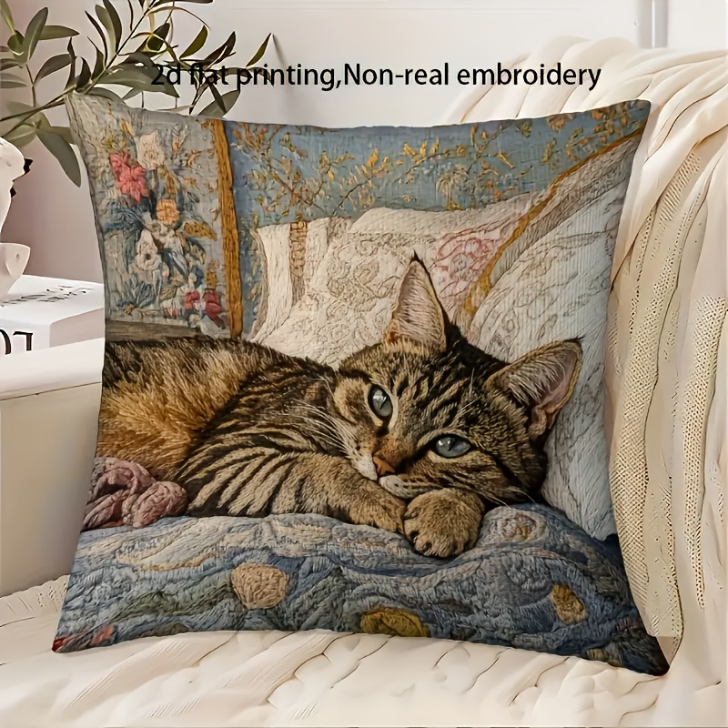 TEMU 2d Flat - 1pc, 2d Flat Printing, Comfortable Cat-themed Decorative Pillow Cover, 18x18 Inches - Non-real Embroidery, Single-sided Print, Short