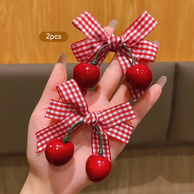 2pcs korean style   bow hair clips red white gingham check with green leaves durable plastic hair accessories for women casual everyday   season versatile hairpins cute hair clips   accessory secure hold hairpin Product details 1