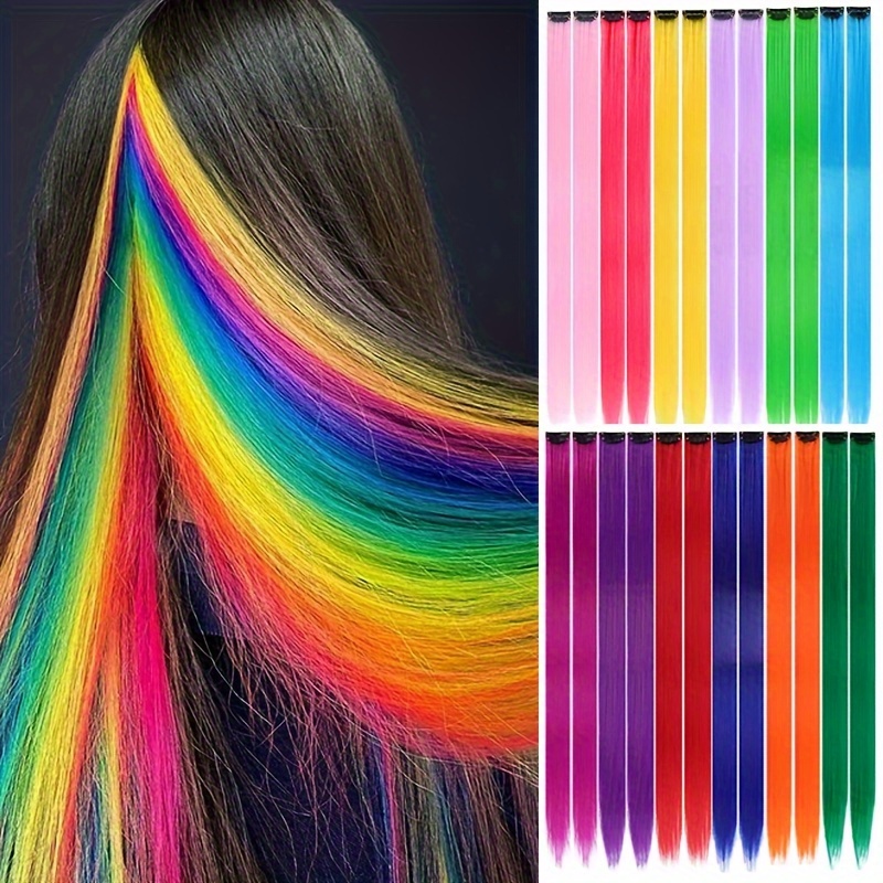 

24 Pcs Colored Clip-in Hair Extensions: Long Straight Synthetic Fake Hair Clips With Colorful Highlights - Suitable For Daily Life And Various Hair Types