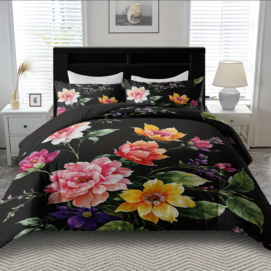 

2/3pcs Soft Comfortable Duvet Cover Sets, Pink And Black Bedding Set, Black Floral Duvet Cover, Flower Duvet Cover Sets For Bedroom, (1*duvet Cover +1/2*pillowcase, Not Included)