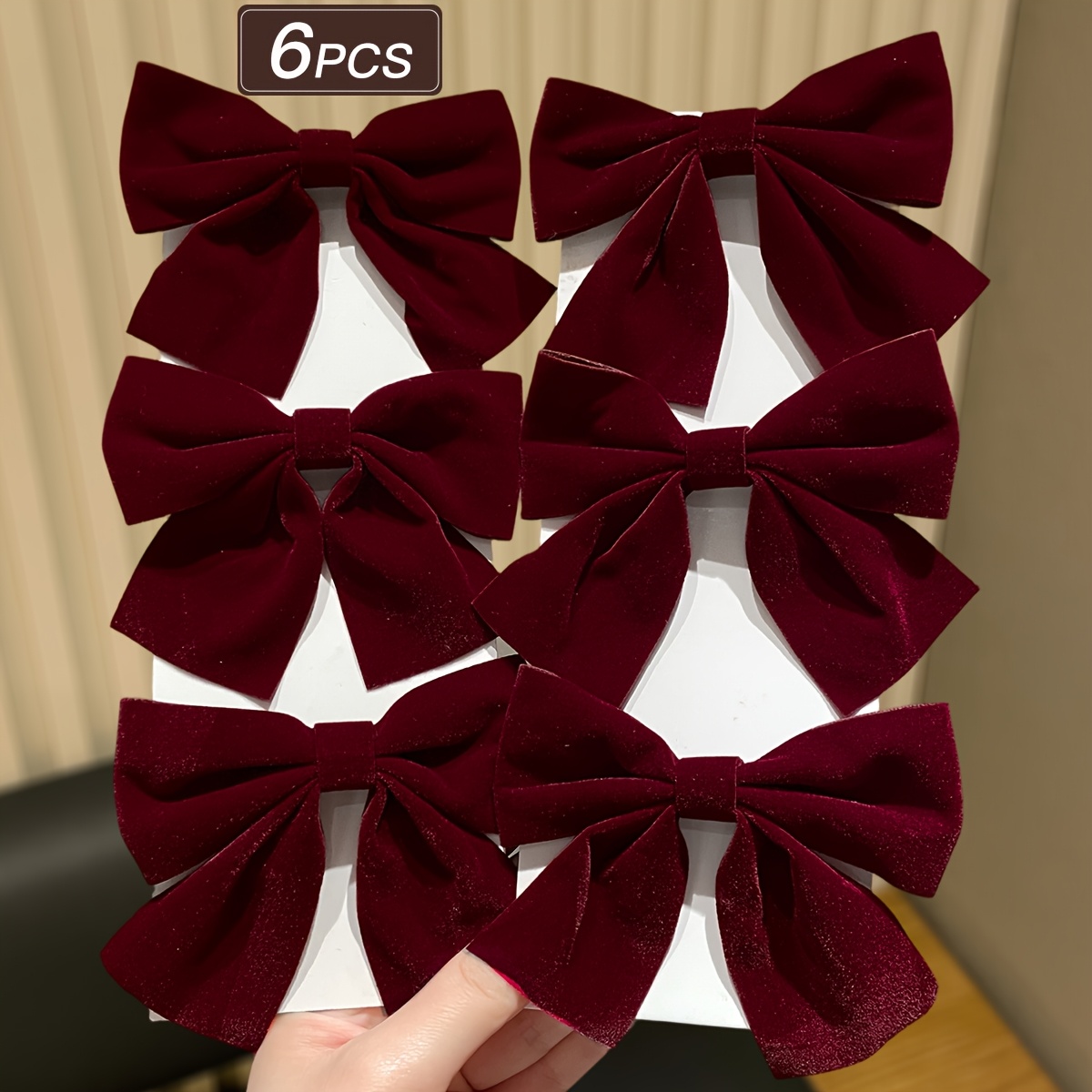 TEMU 6pcs Burgundy Velvet Bow Hair Clips, Vintage Red Large Bow Duckbill Clips, Christmas New Year Party Hair Decoration Additions, Women's Halloween
