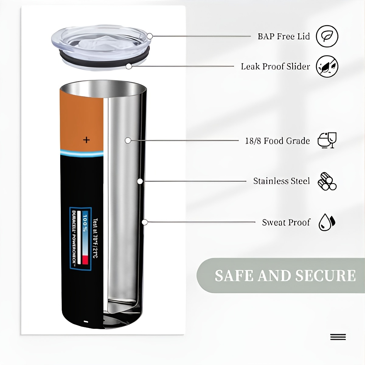 20oz Battery-Inspired Skinny Beer Tumbler with Lid & Straw - Stainless Steel Coffee Mug for Hot & Cold Drinks, Perfect Gift for Birthdays & Holidays, Best for Christmas, Perfect for Thanksgiving