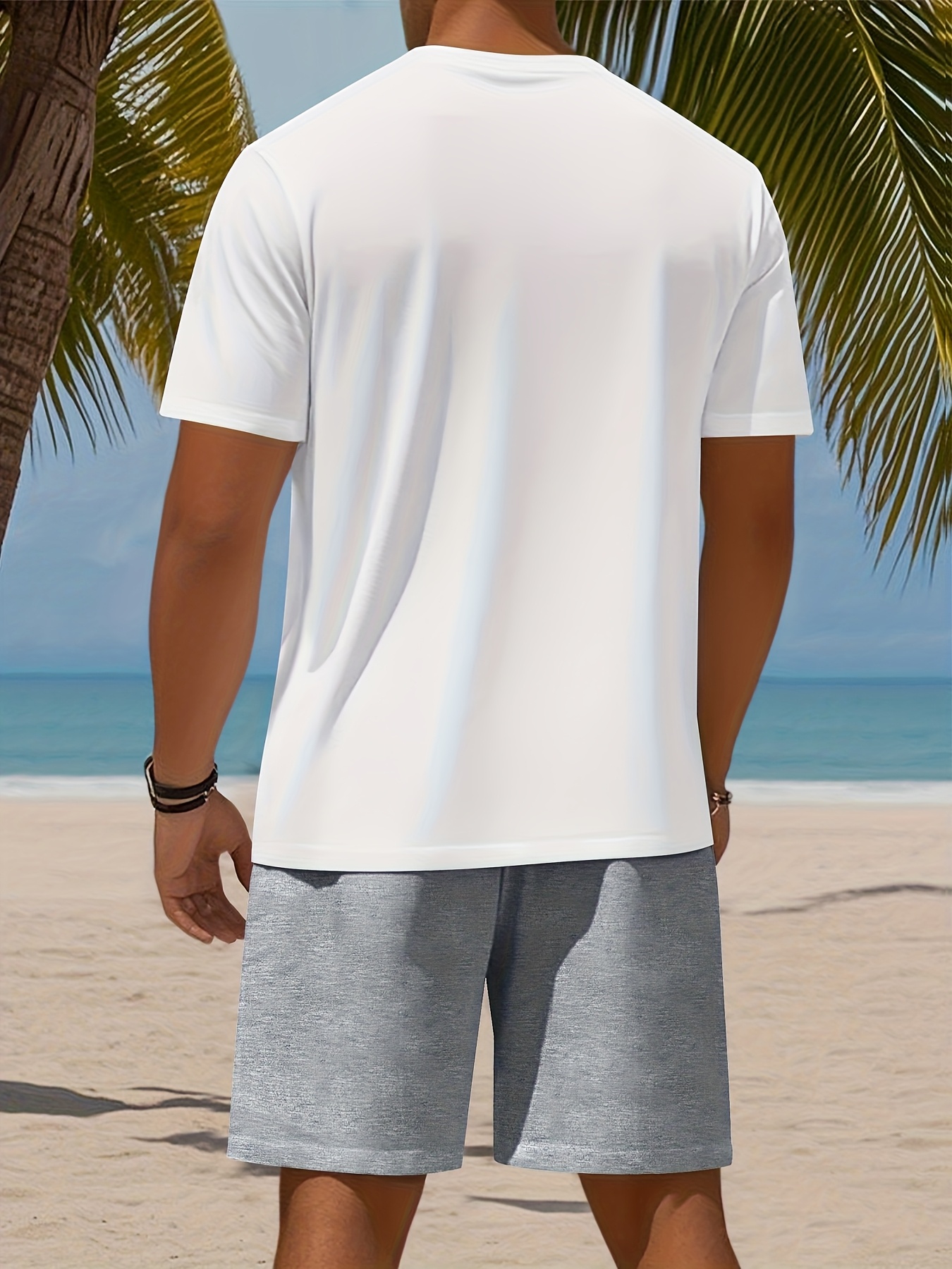 Men's Set, Solid Color Crew Neck Knit T-Shirt with Drawstring Cotton Shorts, Slightly Stretchy Fabric, Comfortable and Breathable, Perfect for Spring/Summer Outdoor Leisure and Sports, Keeps You Light and Carefree