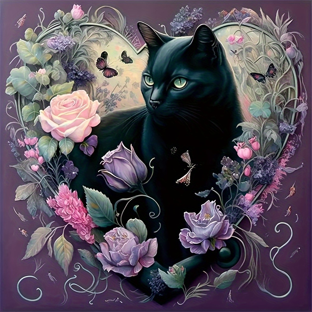 

1pc 30*30cm/11.8inx11.8in Black Cat Flower Diamond Art Painting Kit 5d Diamond Art Set Painting With Diamond Gems, Arts And Crafts For Home Wall Decor