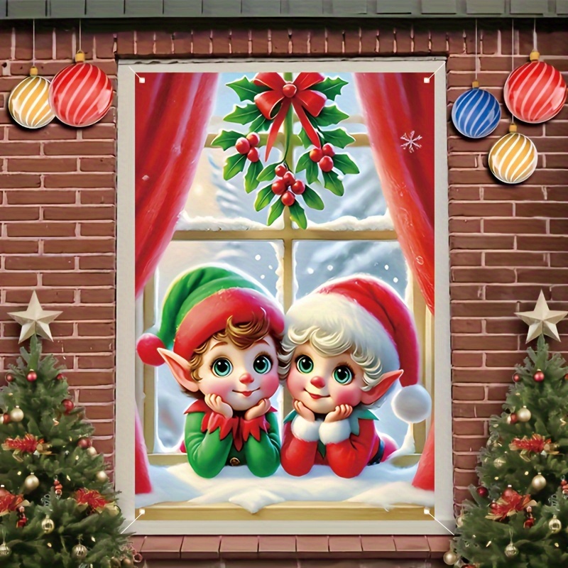 

1pc Christmas Elf Design Window Cover Banner, 31x47in, Polyester, Indoor/outdoor Holiday Decoration