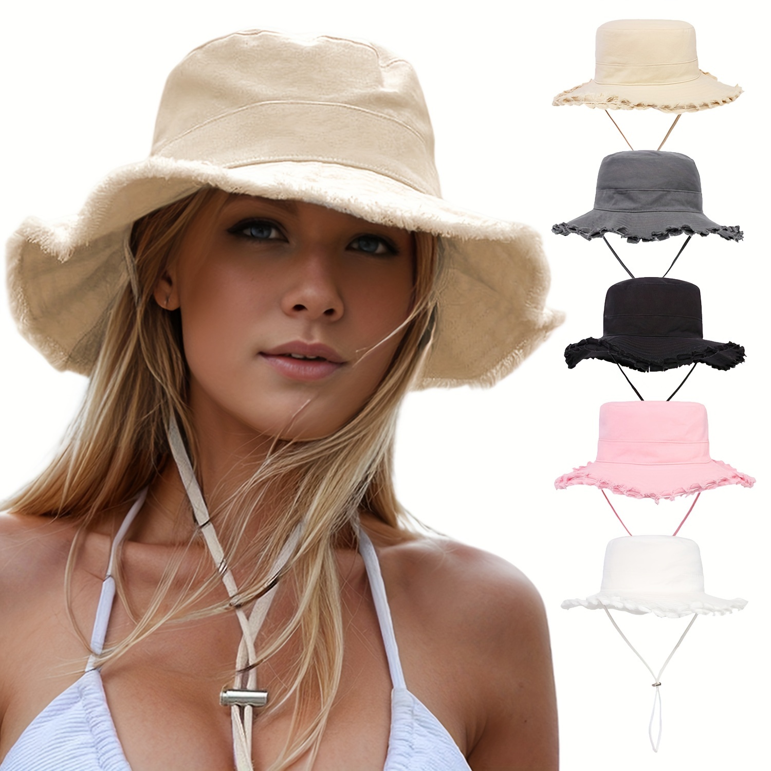 

Women's Denim Drawstring Frayed Bucket Hat, Sun Protection Outdoor Hiking Cap, Adjustable, Fashionable Daily Travel Headwear