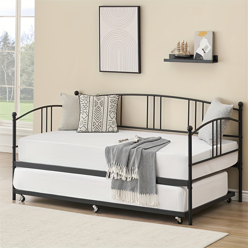 

Twin Metal Daybed With Trundle, Twin Size Daybed Frame With Pullout Trundle 6 Casters, Steel Slat Support Guest Sofa Bed For Living Room, Bedroom, Apartment, No Box Spring Needed (black)
