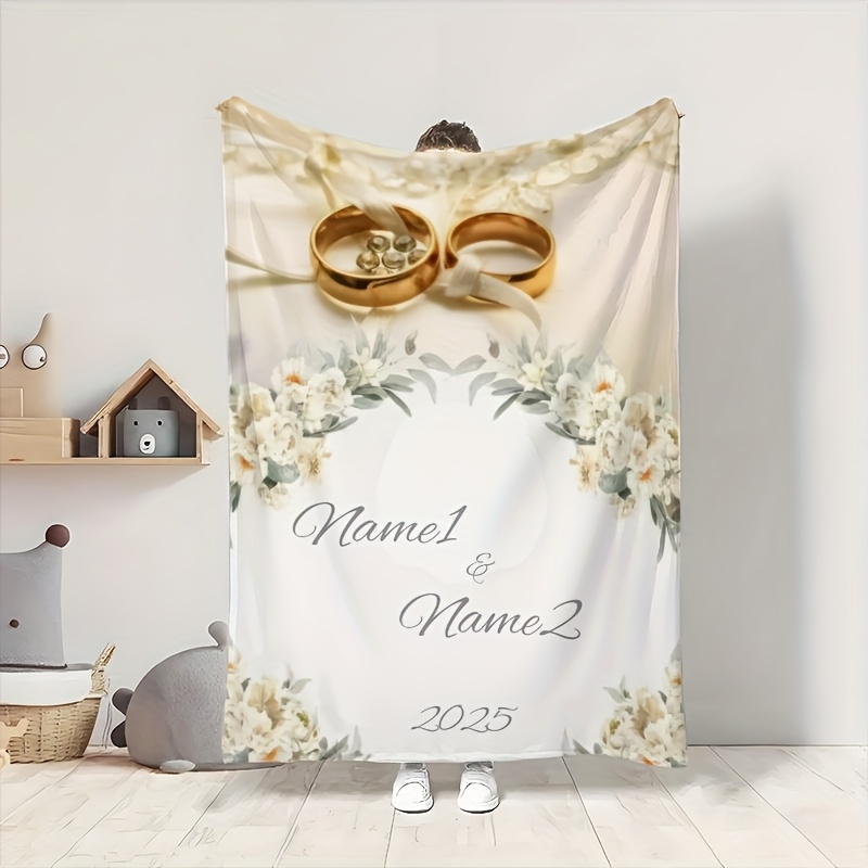 TEMU 1 Personalized Name Blanket - Wedding Ring Floral Pattern, Lightweight Flannel Blanket, Suitable For Sofa,, Travel, Camping - Soft And Warm