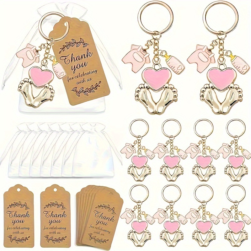 

36pcs Baby Shower Thank You Gift Set, Footprint Keychain With Bottle & Clothes Pendant, Includes Thank You Card, No Electricity Required - Pink & Blue