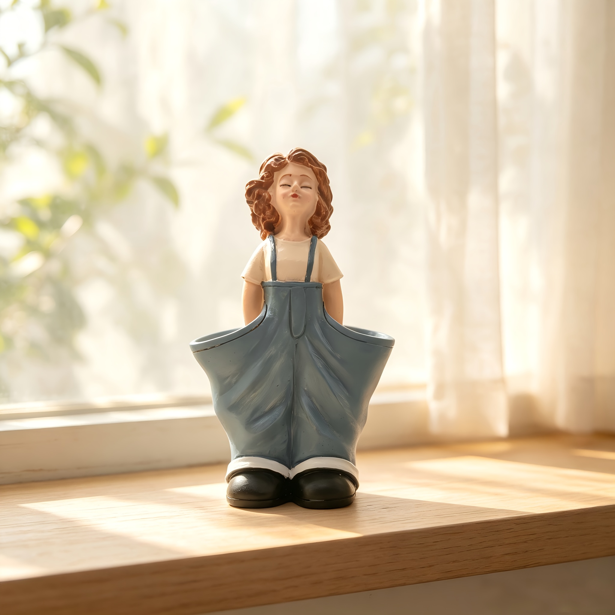 TEMU 1pc Blue Cargo Skirt Girl Resin Statue Flowerpot And Pen Holder, Retro Curly Hair Girl Ornament With Double Large Pockets, Hand-painted Resin