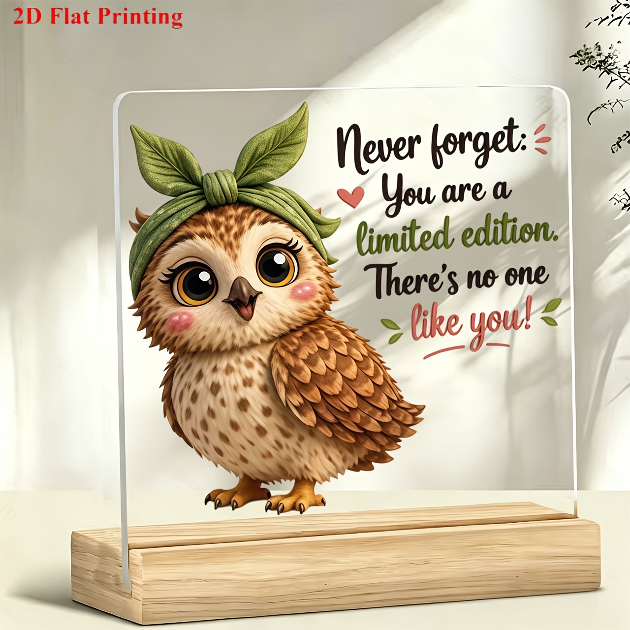 TEMU 1pc Acrylic Desktop Decorative Standee, Cute Owl With Green Leaf Headpiece And Inspirational Text Pattern Paperweight, Desktop Decoration,