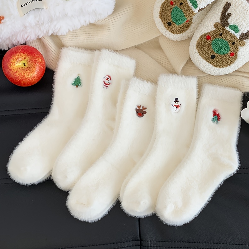 TEMU 5 Pairs Women's Christmas Socks, White Embroidered Holiday Socks, Warm And Thick Fabric, Hand Washed Holiday Socks